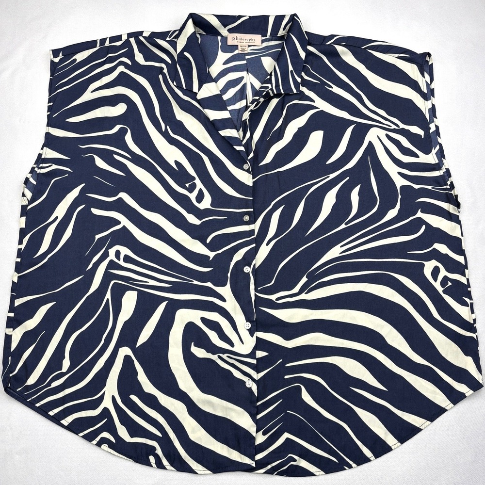 Philosophy Woman 3X Navy Blue Cream Abstract Zebra Sleeveless Camp Shirt Blouse